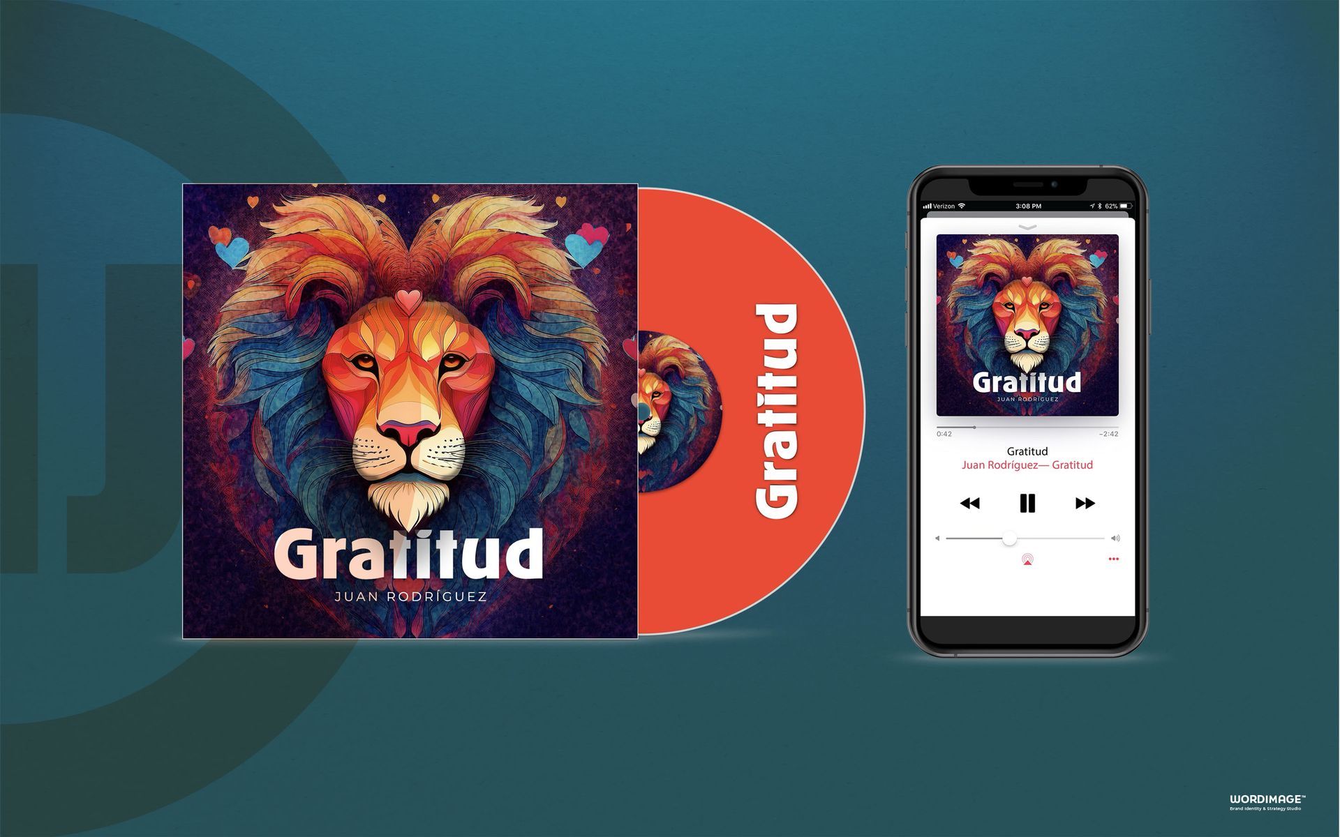 A cd and a cell phone with a lion on the cover.