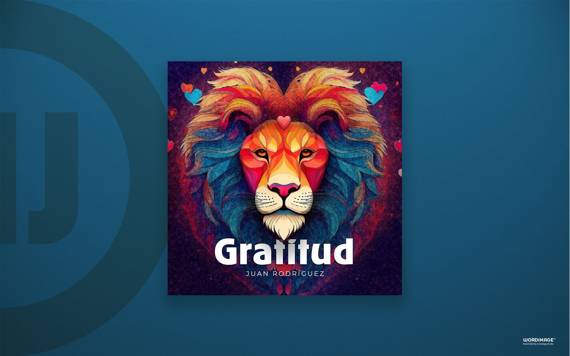 A colorful lion with a heart in its mouth is on a blue background.