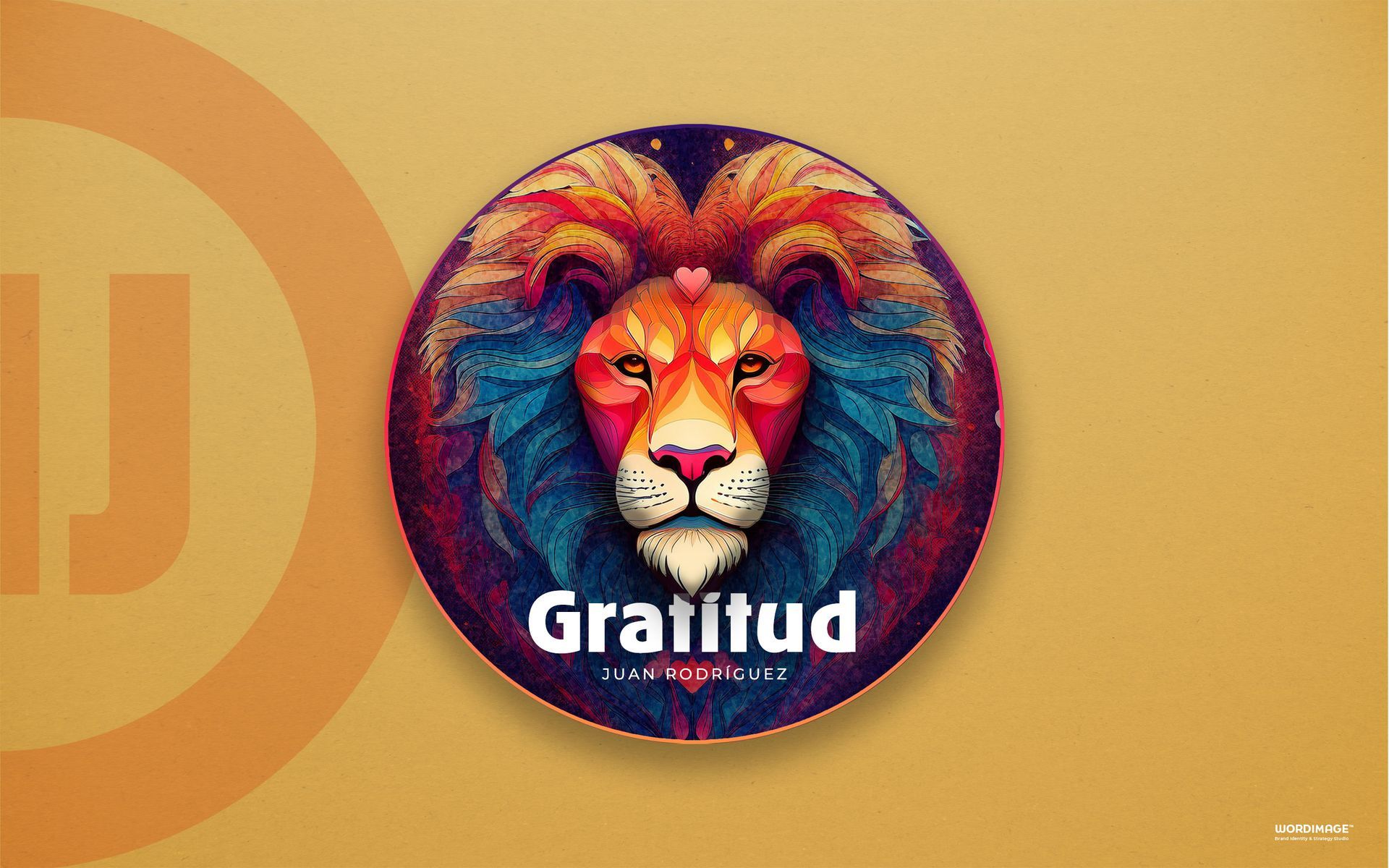 A colorful lion is in a circle with the word gratitud on it.