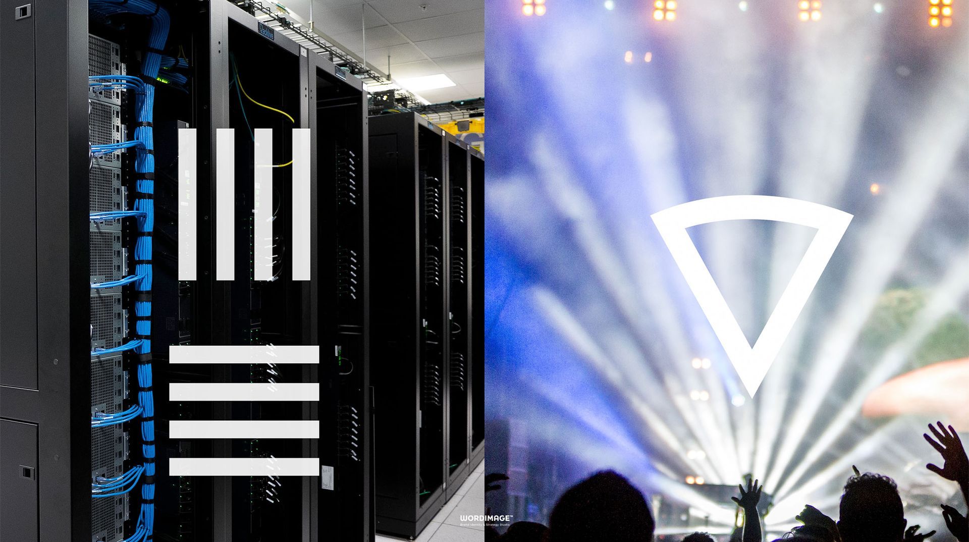 A picture of a server room next to a picture of a concert.