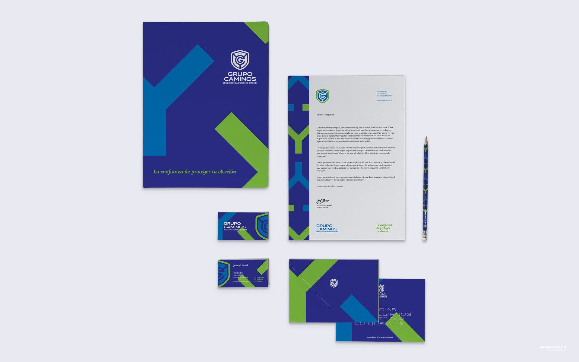 A blue and green stationery set with a letterhead