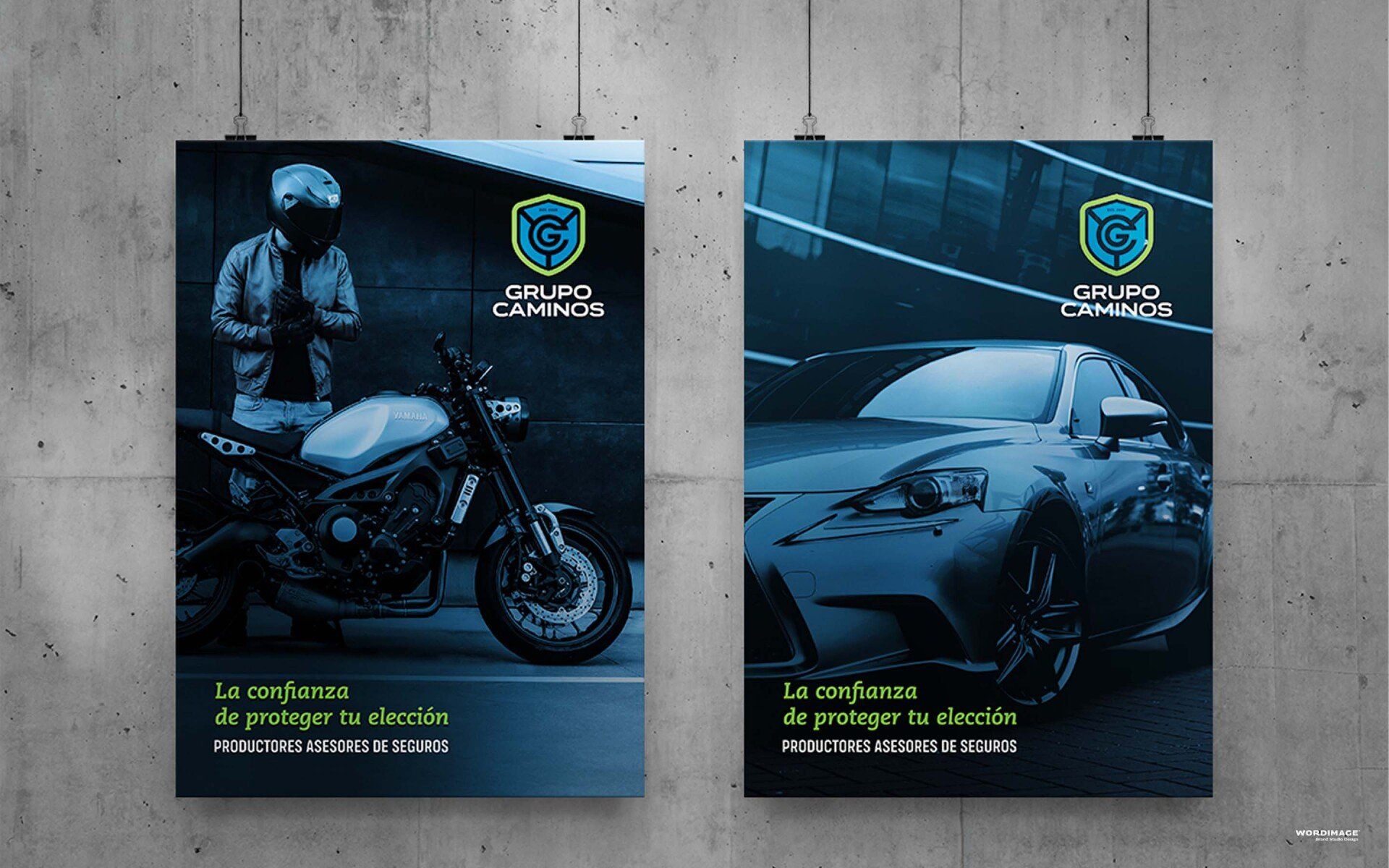 Two posters of a motorcycle and a car are hanging on a wall.