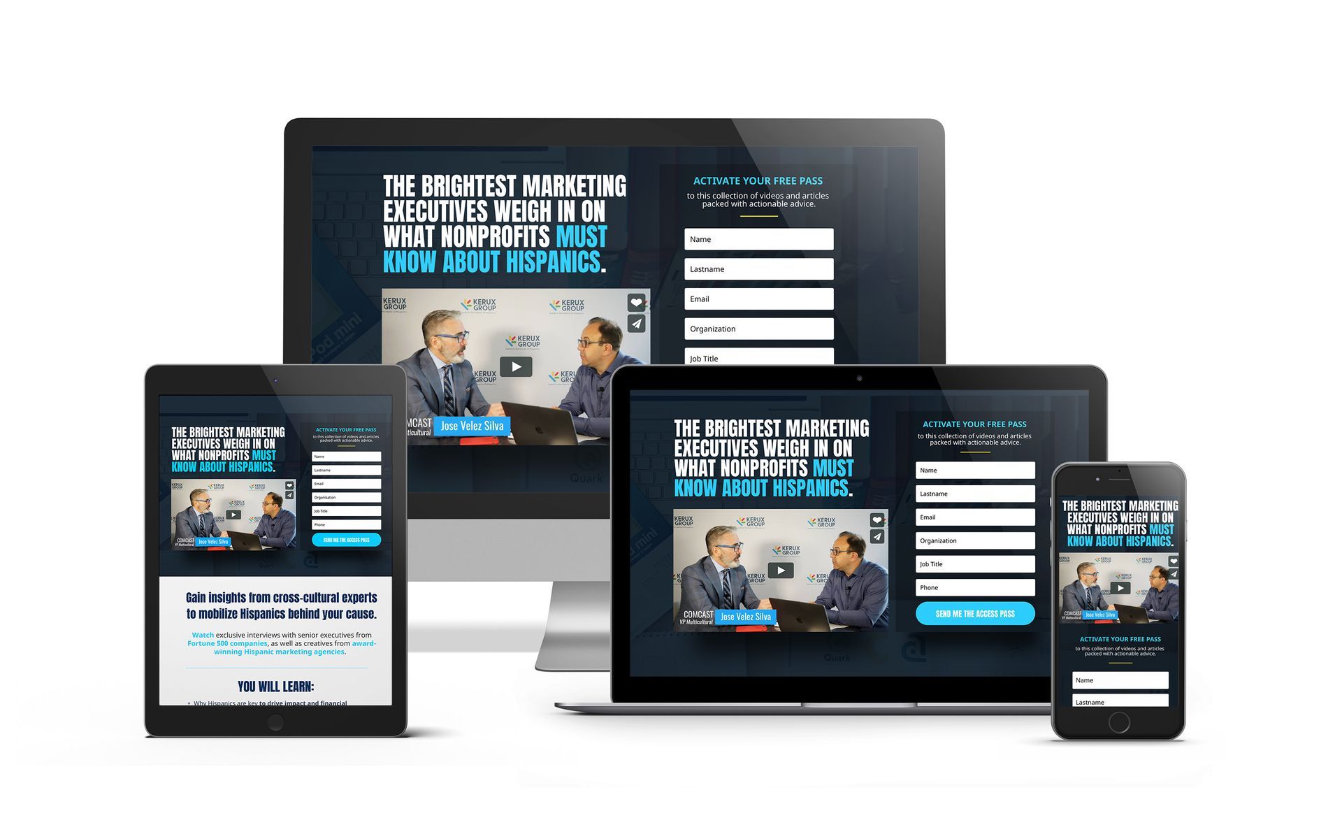 A computer , laptop , tablet , and cell phone are displaying a website.