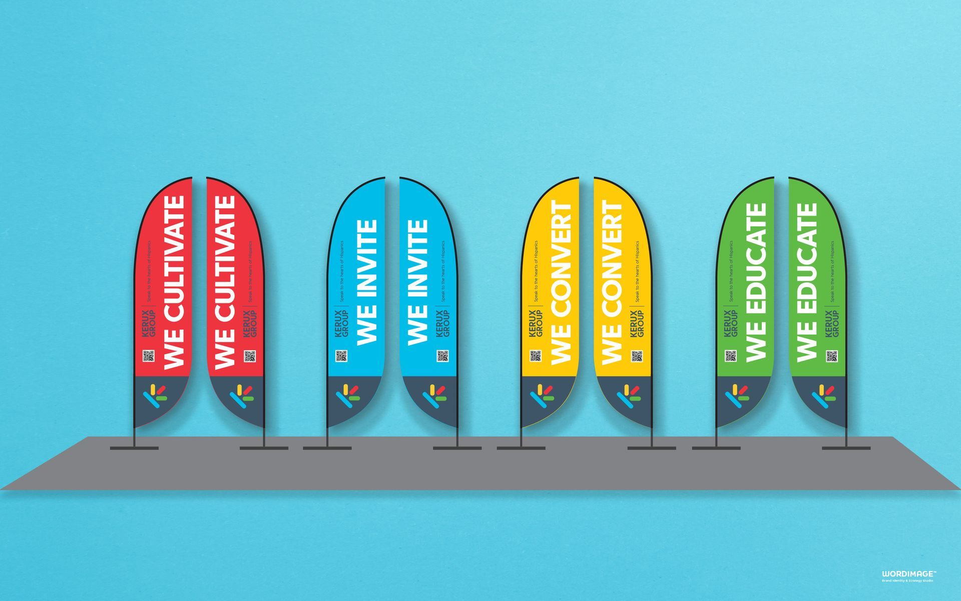 A bunch of flags are lined up in a row on a blue background.