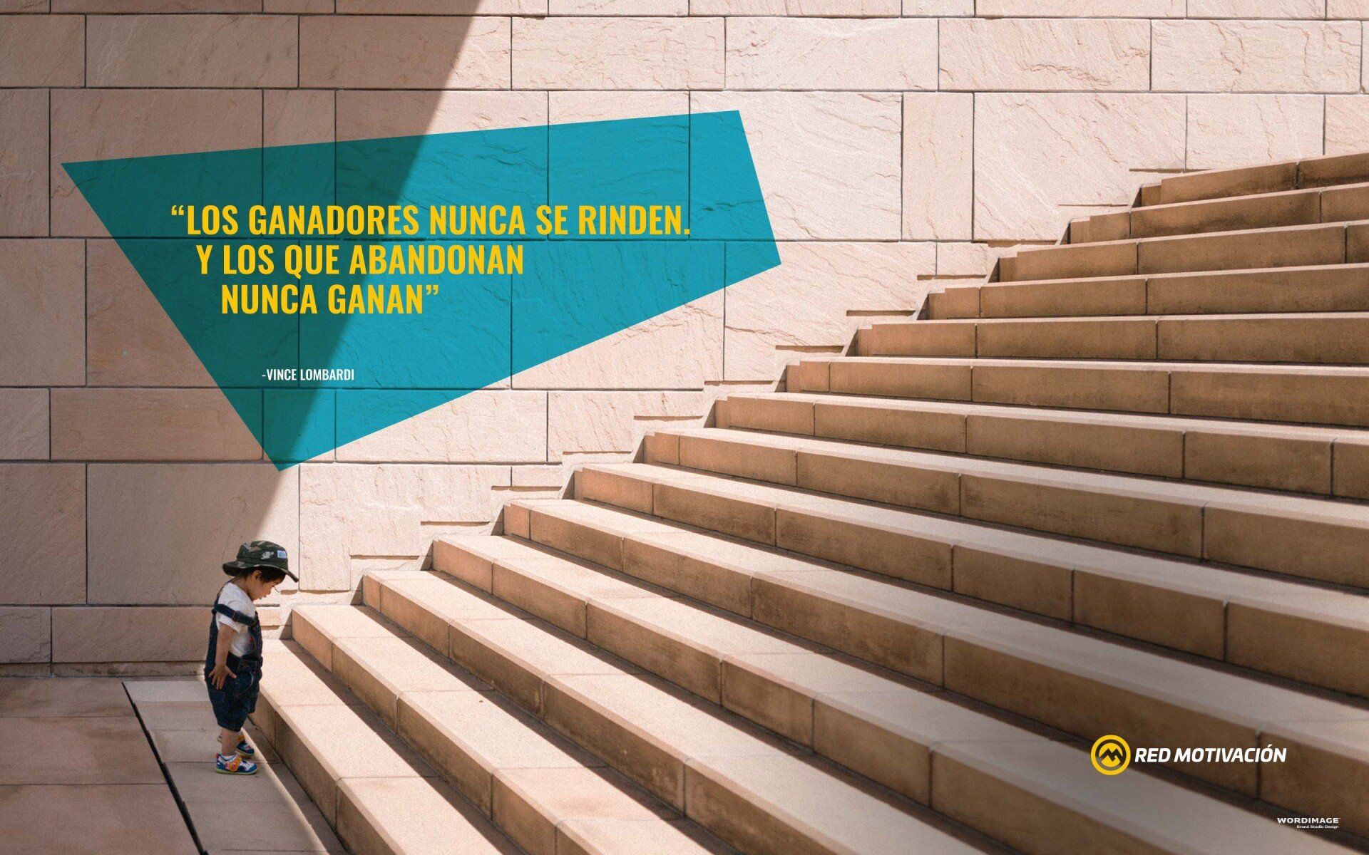 A boy is standing on a set of stairs with a quote in the background