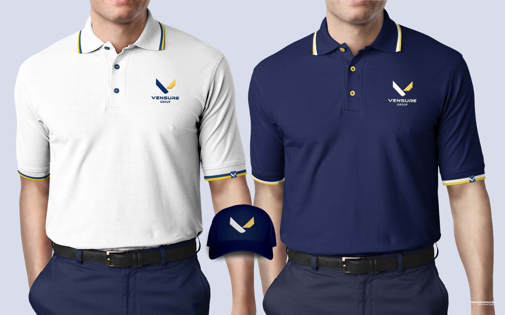 Two men wearing polo shirts and a hat are standing next to each other