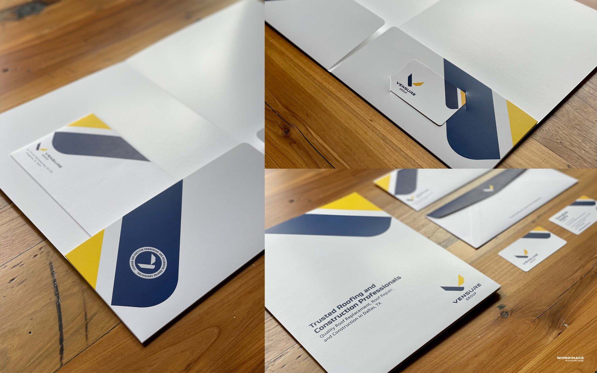 A collage of folders and envelopes on a wooden table