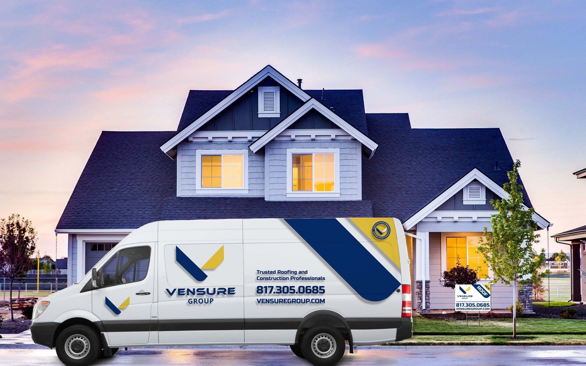 A white van is parked in front of a large house.