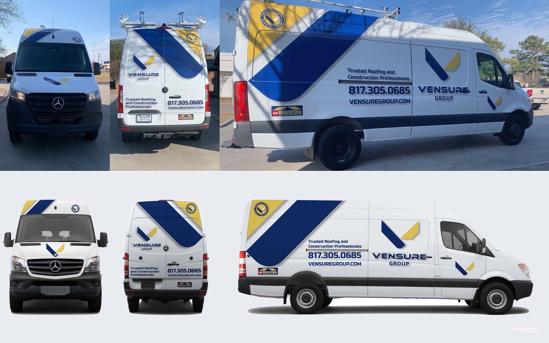 A white van with blue and yellow stripes on it
