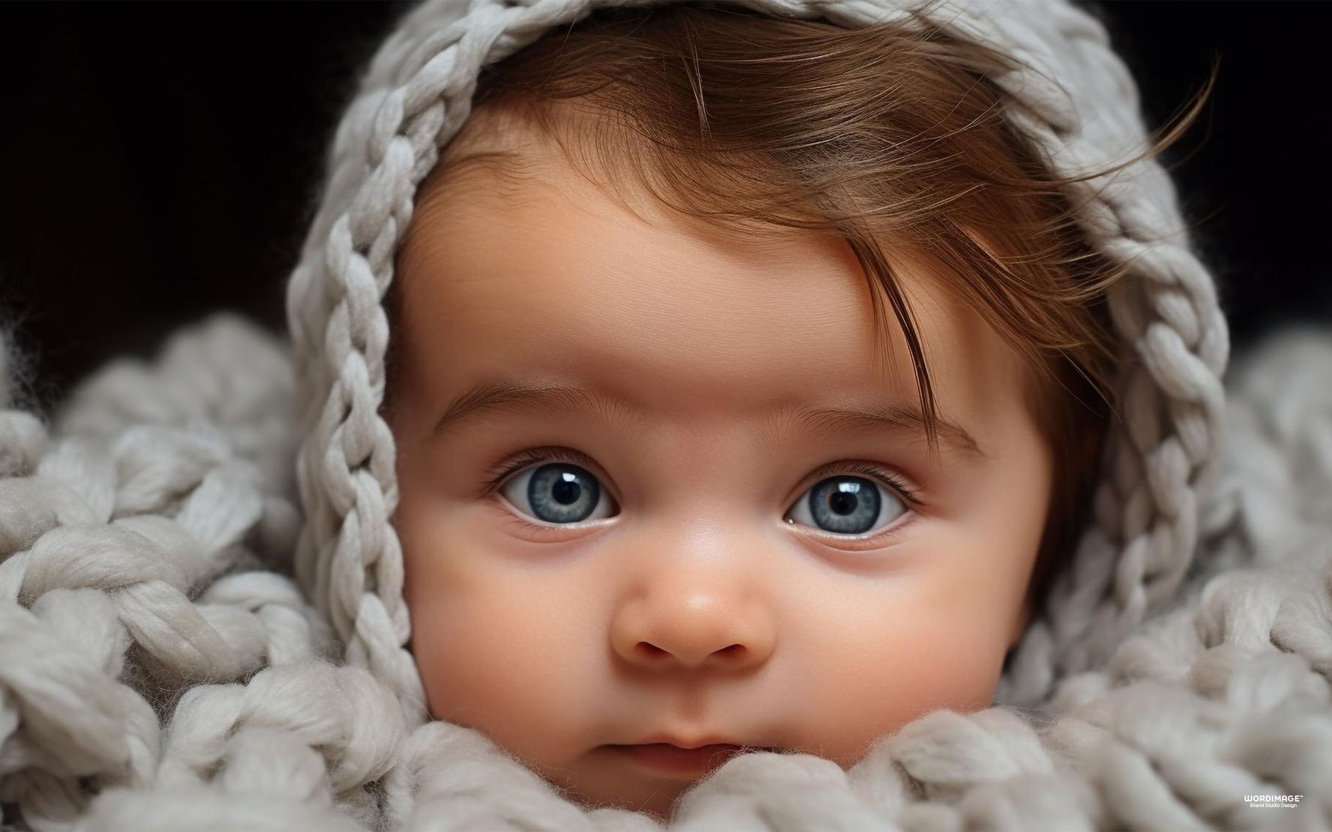 A baby is wearing a knitted hat and looking at the camera.