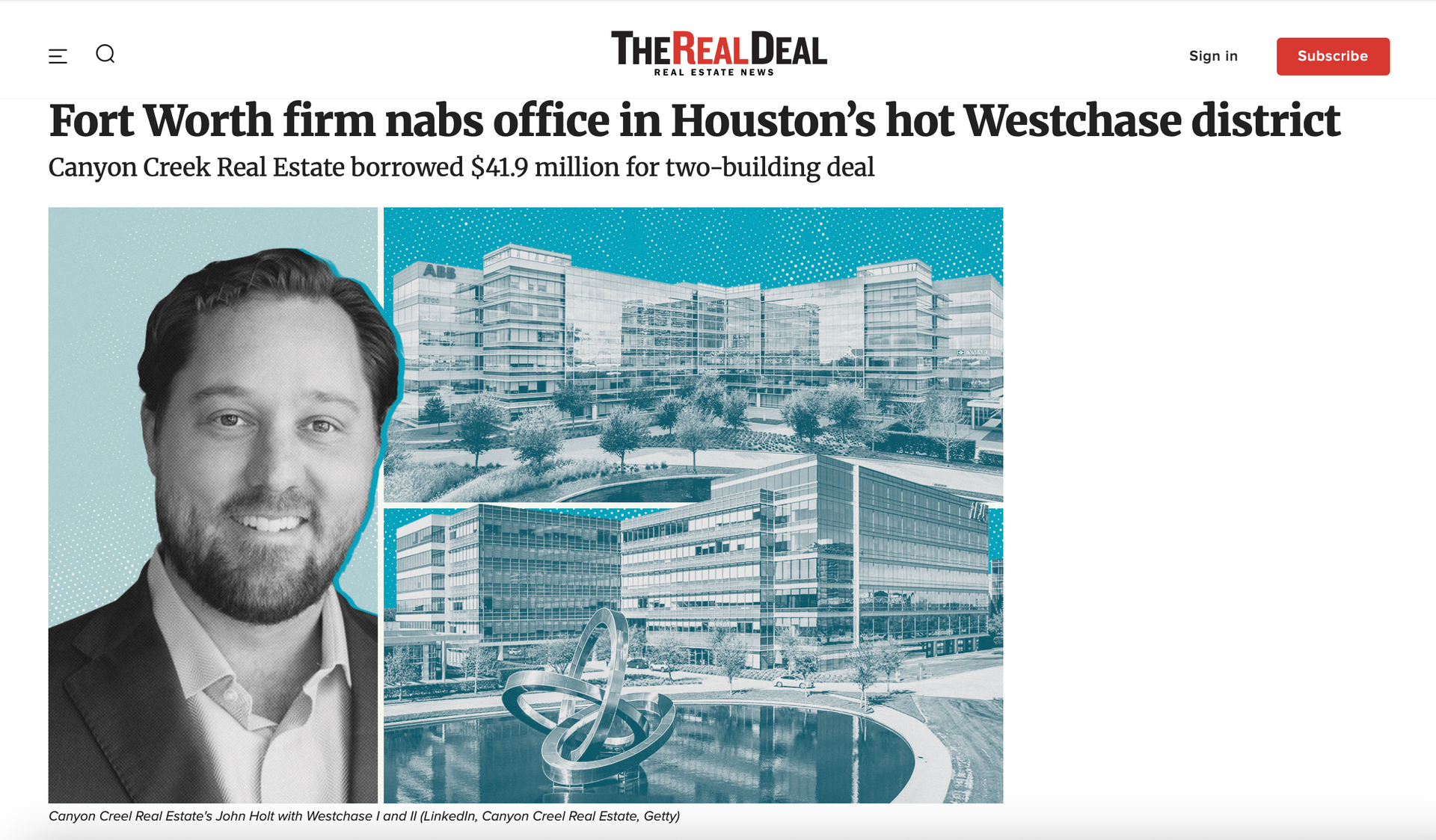 Article about a Fort Worth firm acquiring a Houston office. Headshot of a man, buildings in the background.