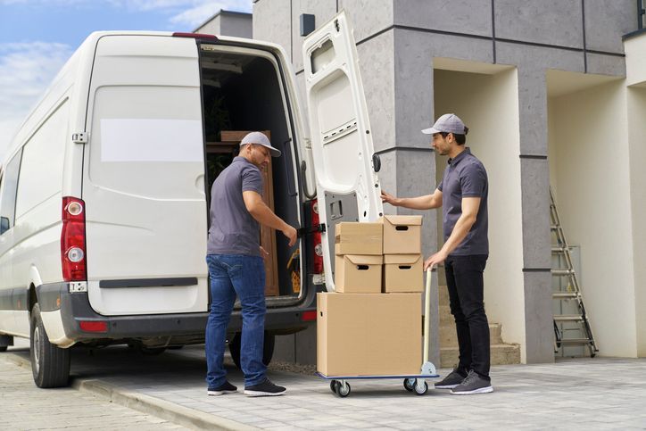 Due fattorini stanno caricando delle scatole su un furgone.