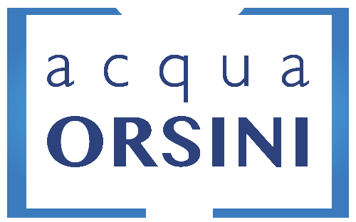Il logo dell'acqua orsini è blu e bianco con una cornice blu.