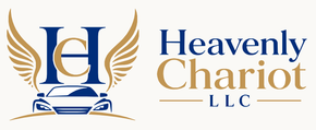 Heavenly Chariot LLC logo with gold wings, a blue car, and blue-gold text on a white background