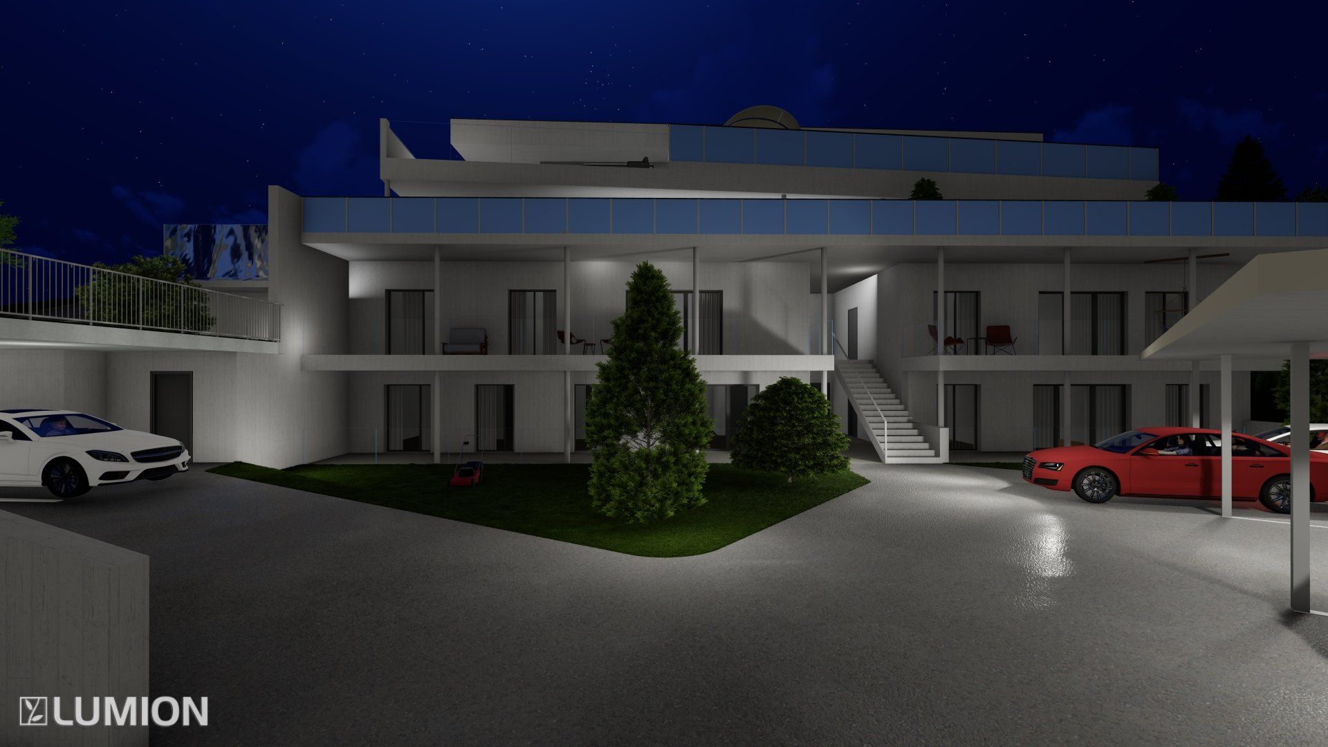 Wohnunggebäude bei Nacht Front