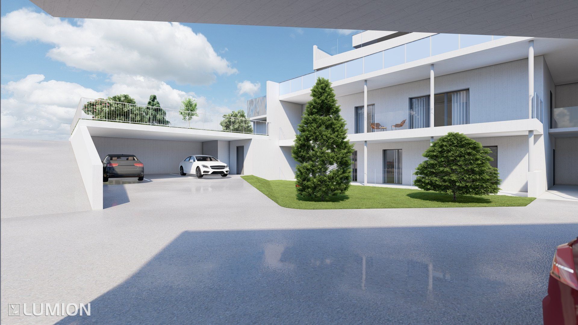 Wohnunggebäude Innenhof Parkplatz