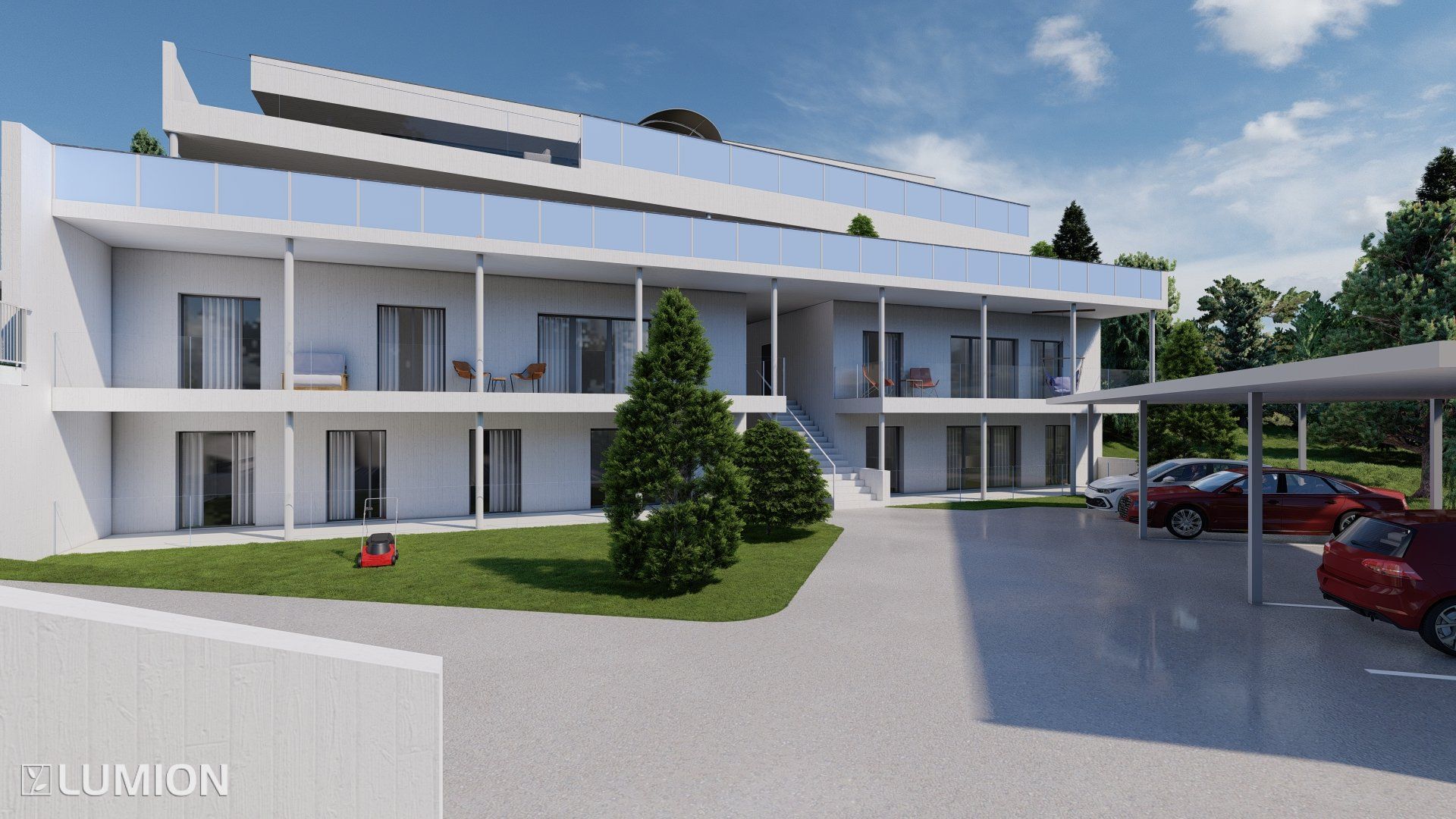 Wohnunggebäude mit Parkplatz Front