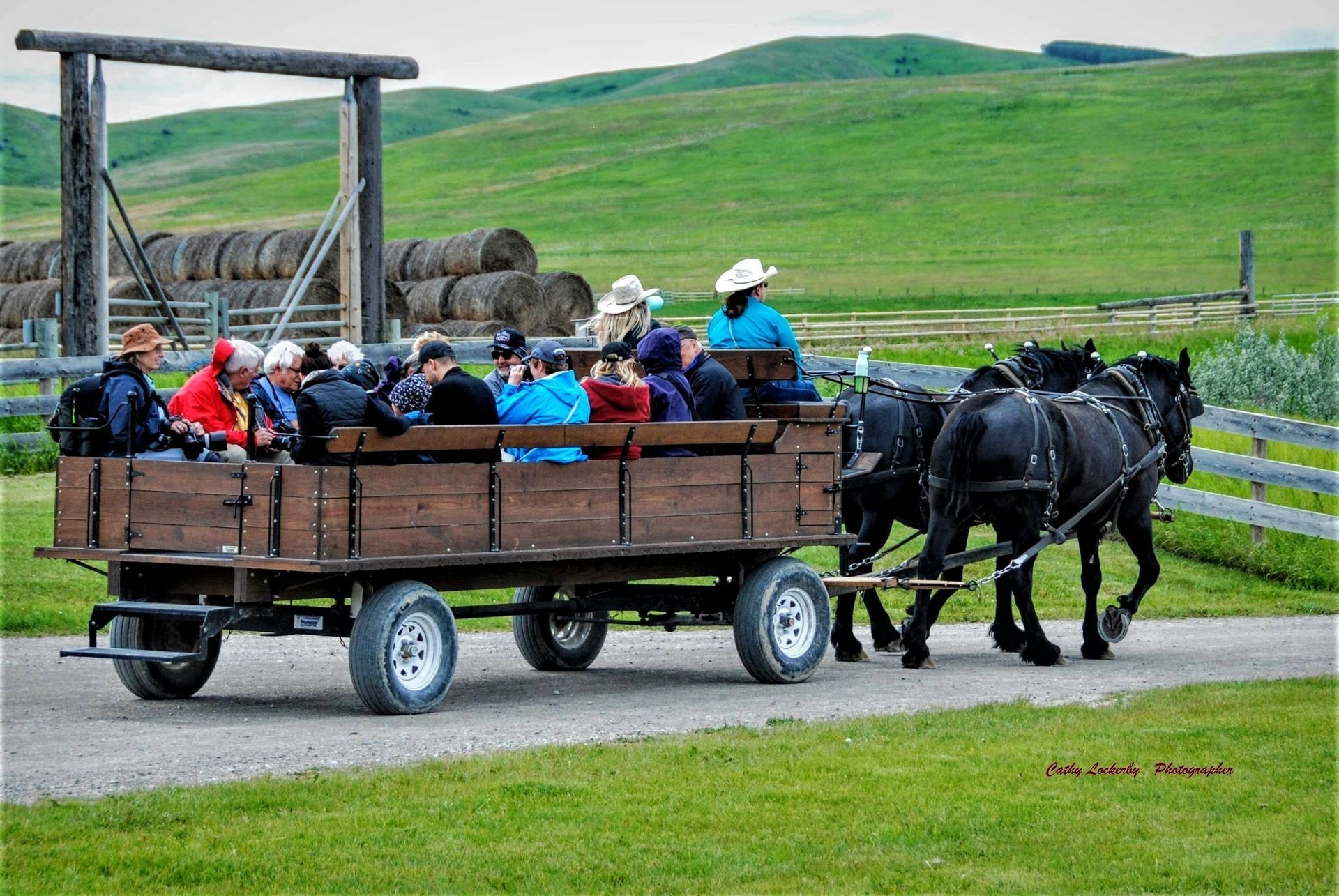 Horse-drawn wagon carrying people on a gravel road, passing by hay bales and green hills.