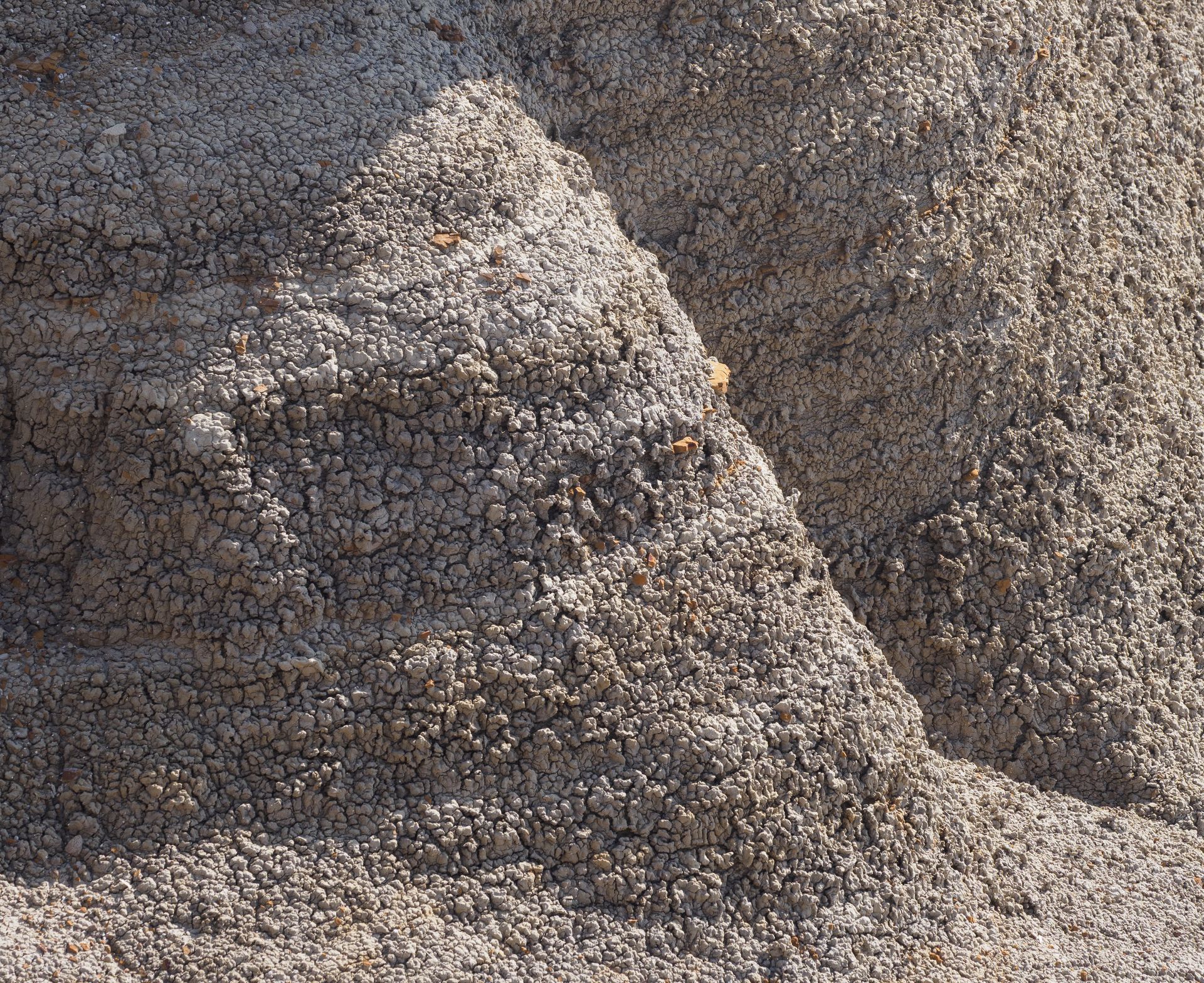 Close-up of weathered, textured gray and tan earth. Cracks and crevices visible.