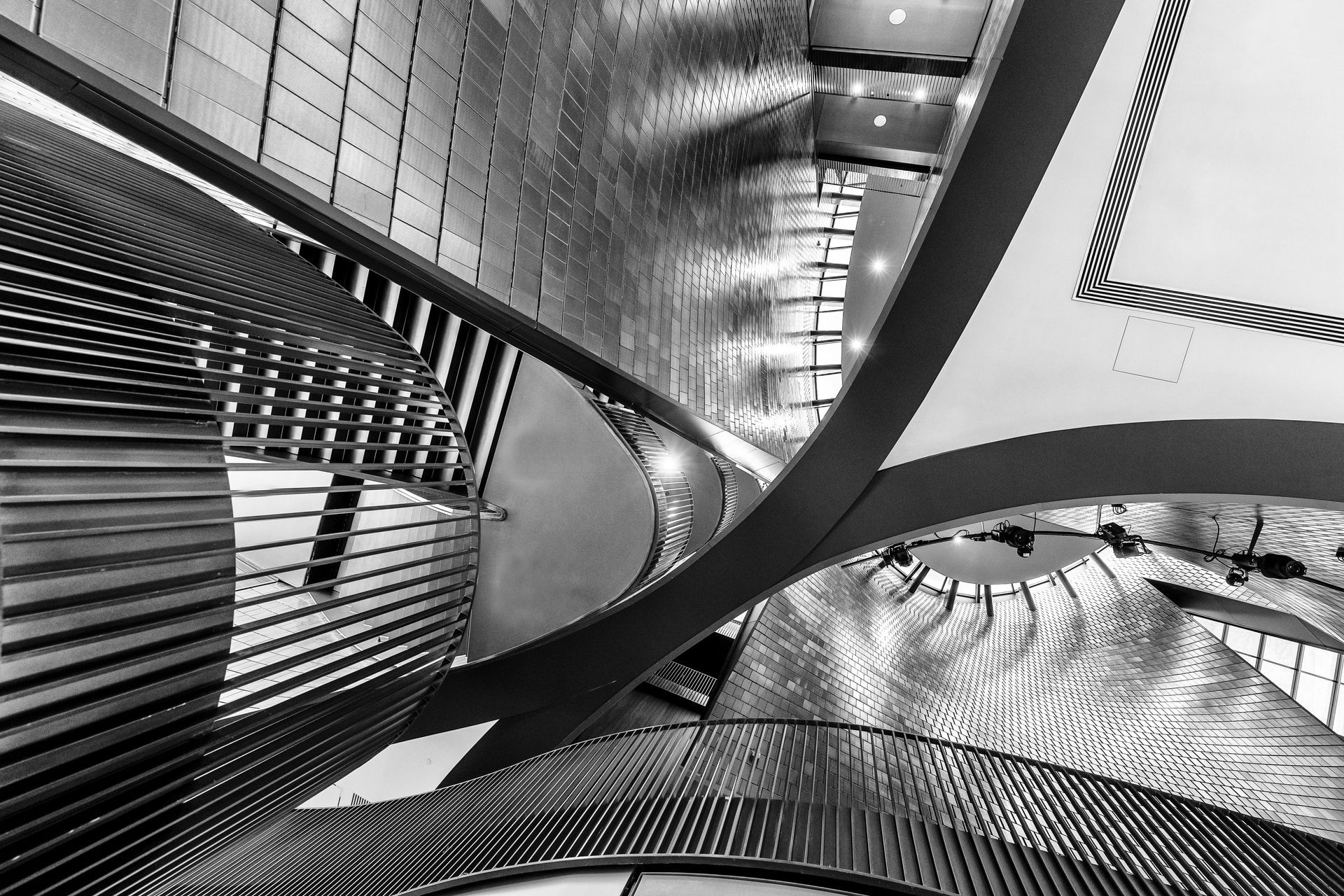 Architectural interior with curved metallic structures and patterned ceiling. Black and white.