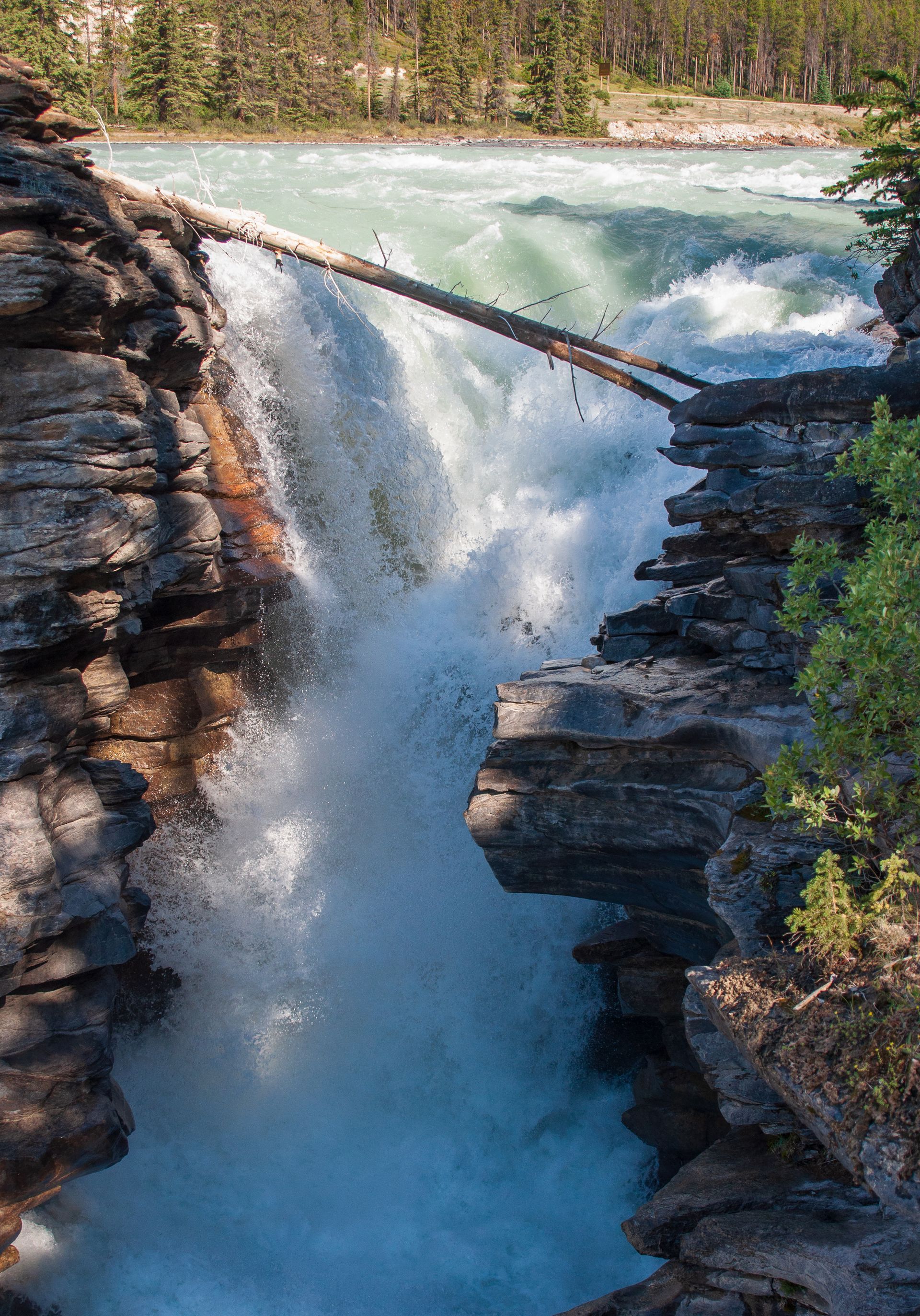 Waterfall cascading over layered rock formations, a log spans the water's edge, turquoise water beyond.