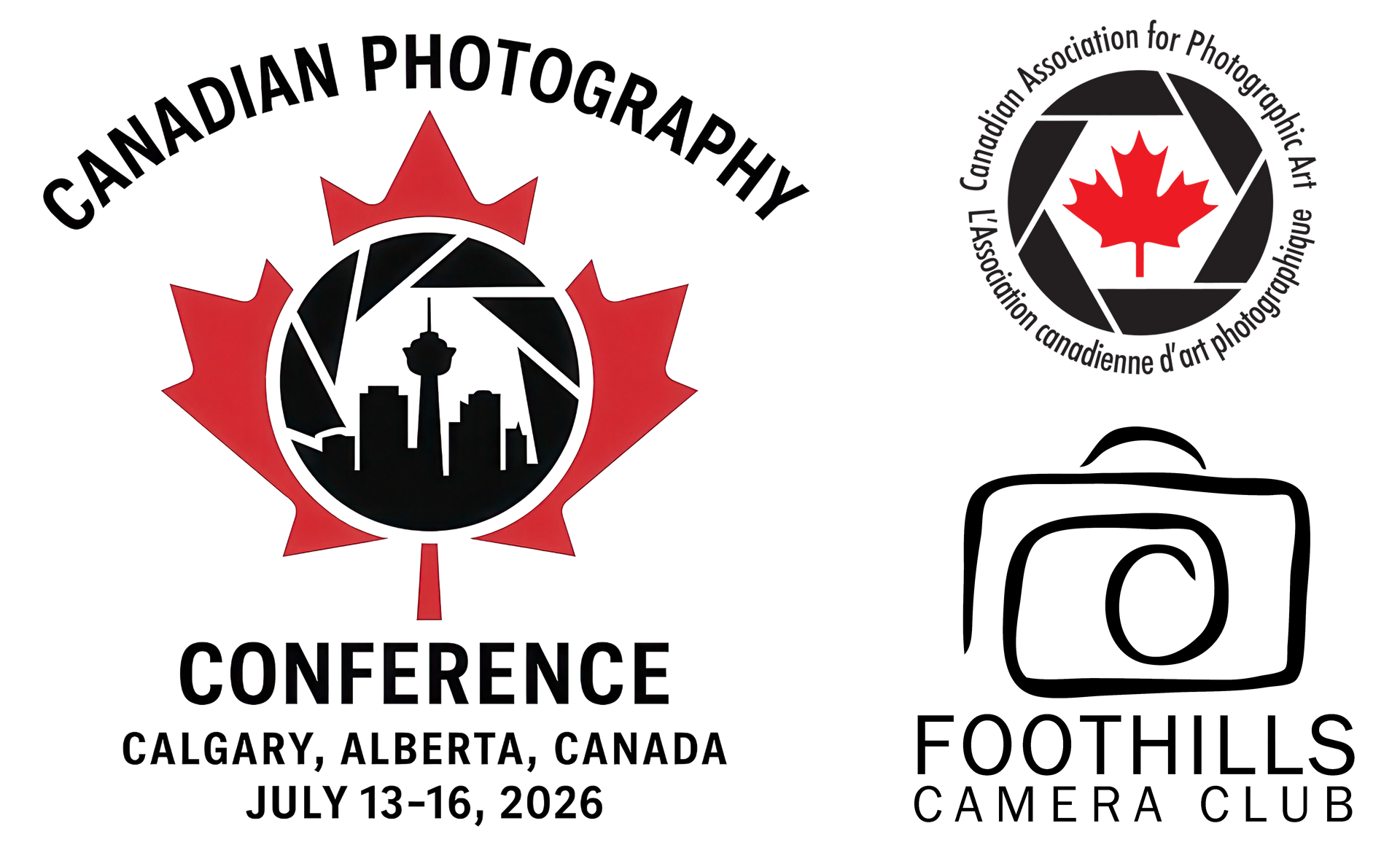 Logos for Canadian Photography Conference in Calgary, July 2026, and Foothills Camera Club. Red maple leaf with camera lens.