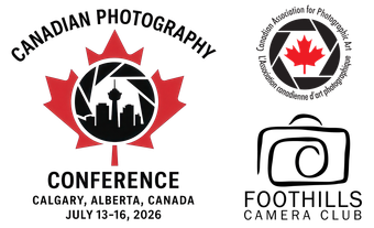 Logos for Canadian Photography Conference in Calgary, July 2026, and Foothills Camera Club. Red maple leaf with camera lens.