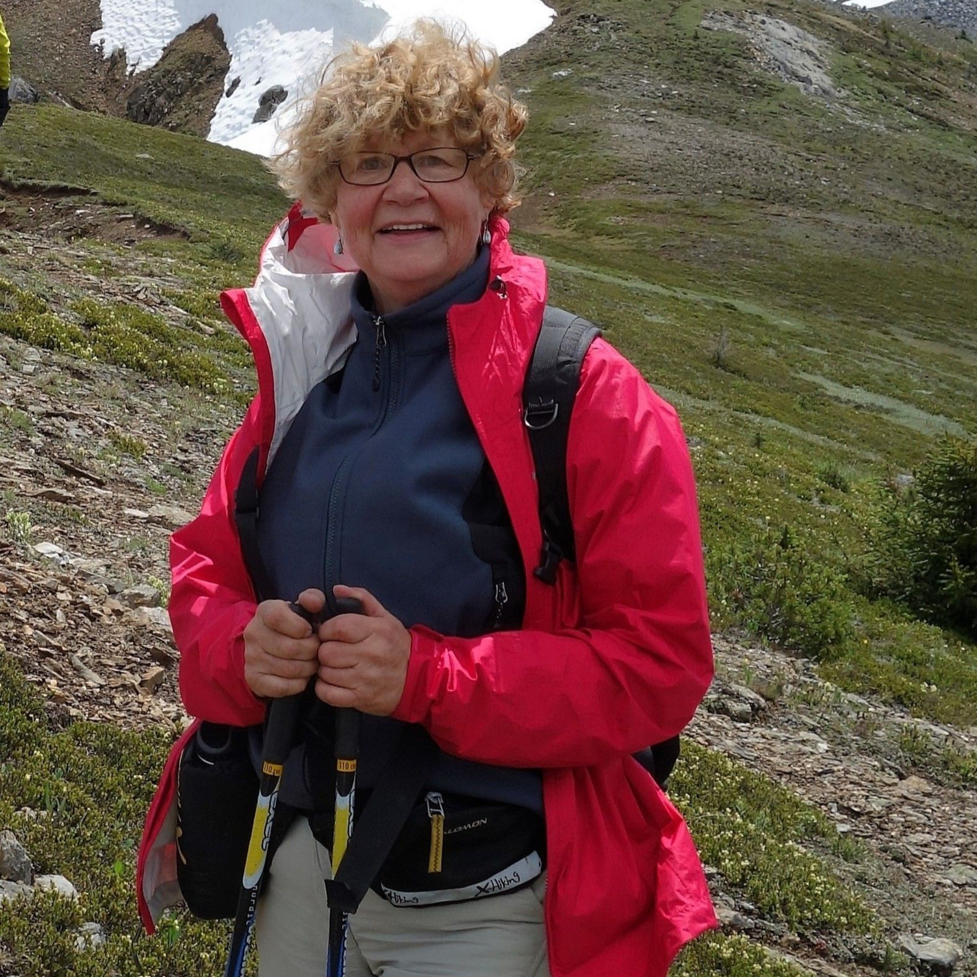 Woman in red jacket hikes in mountainous terrain, smiling, holding poles.