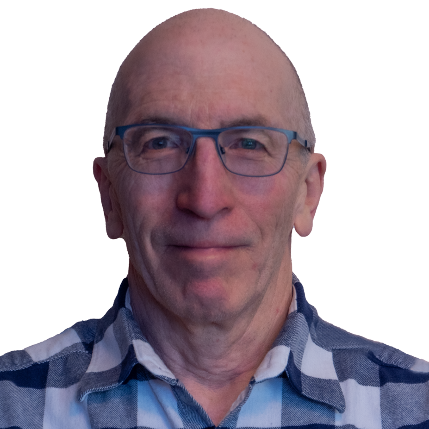 Man with glasses, bald head, and plaid shirt smiling.