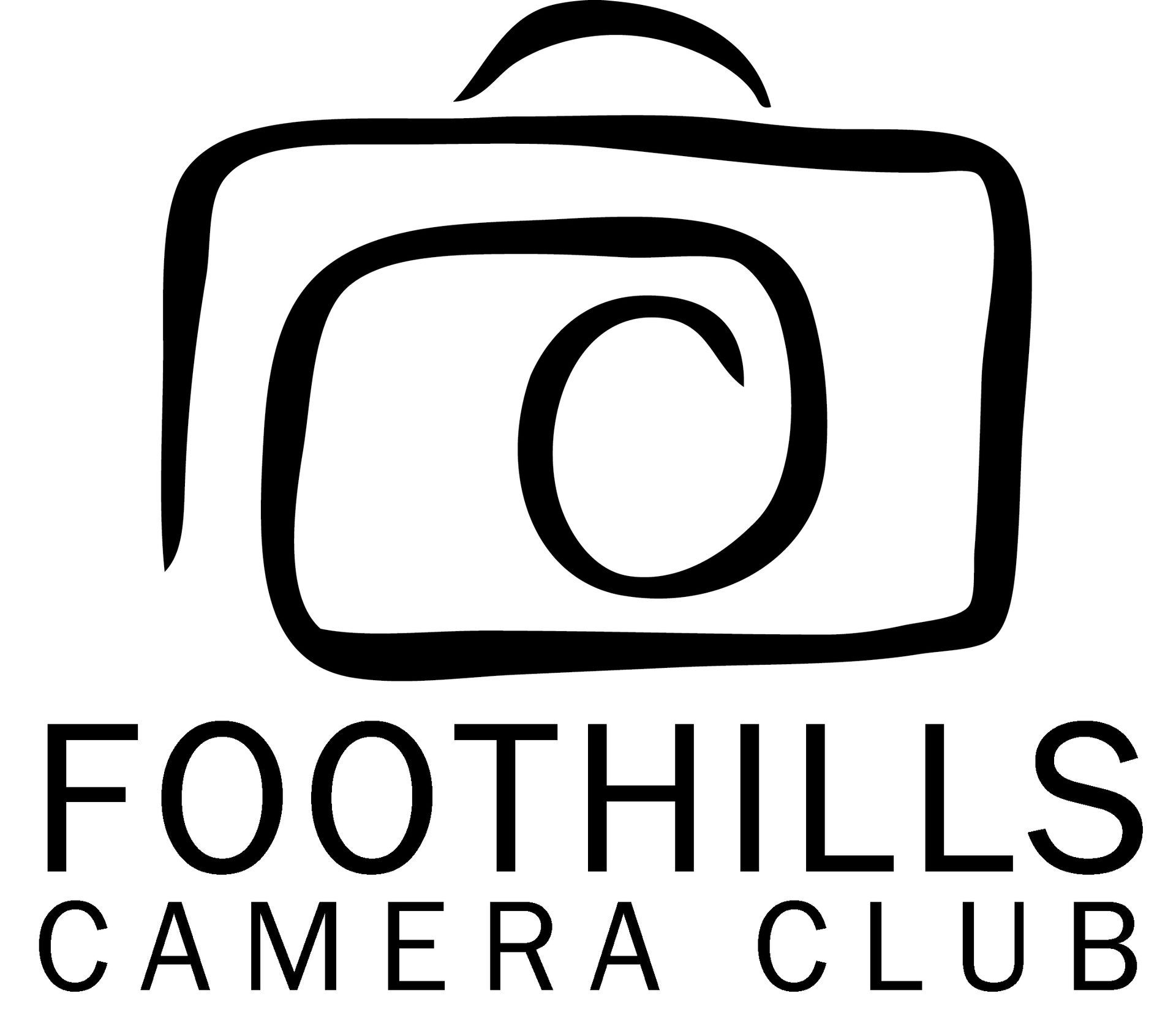 Logo for Foothills Camera Club: stylized camera with a spiral lens. Below, club name in text.