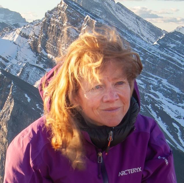 Woman in purple jacket against snowy mountain backdrop.