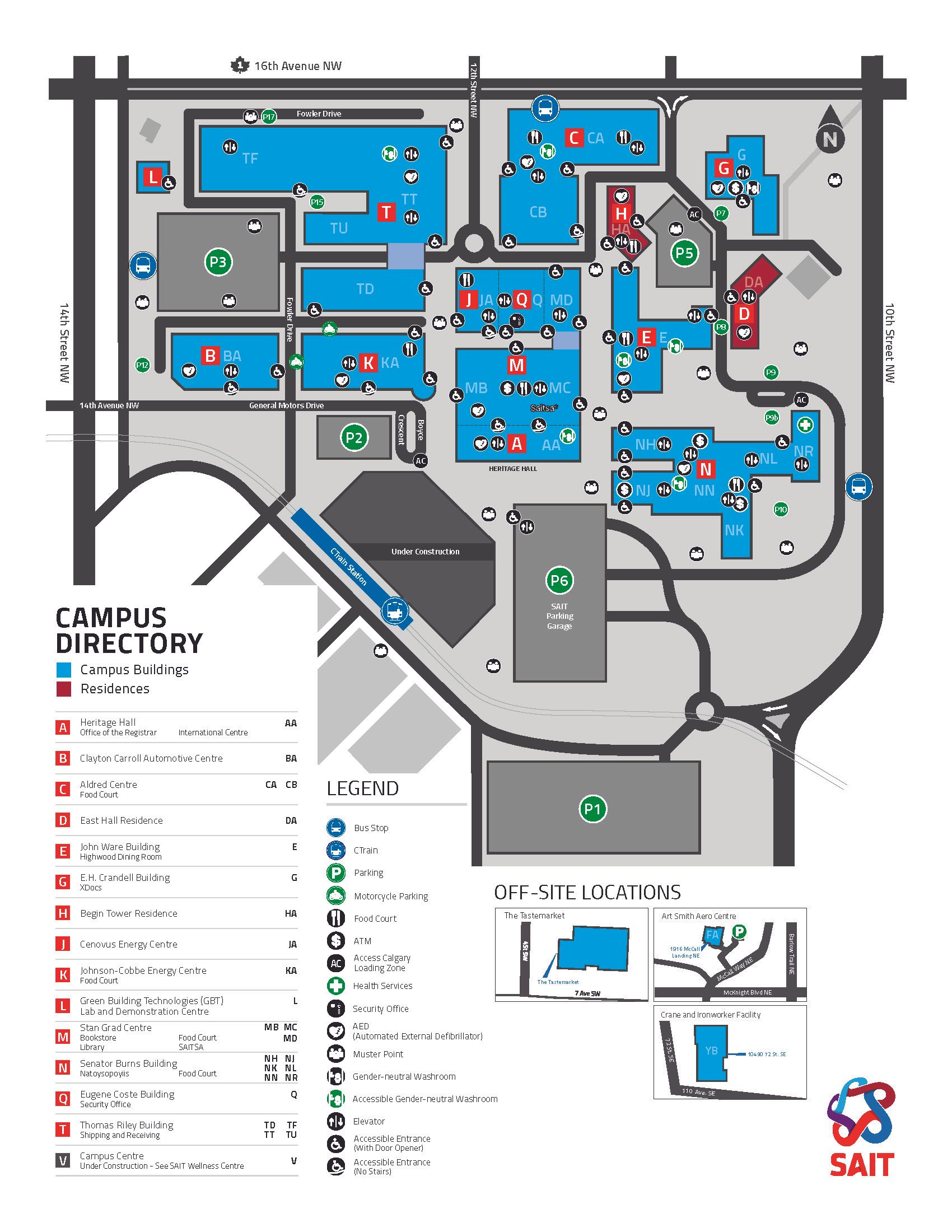 SAIT campus map with buildings, roads, and key locations color-coded in blue and red.