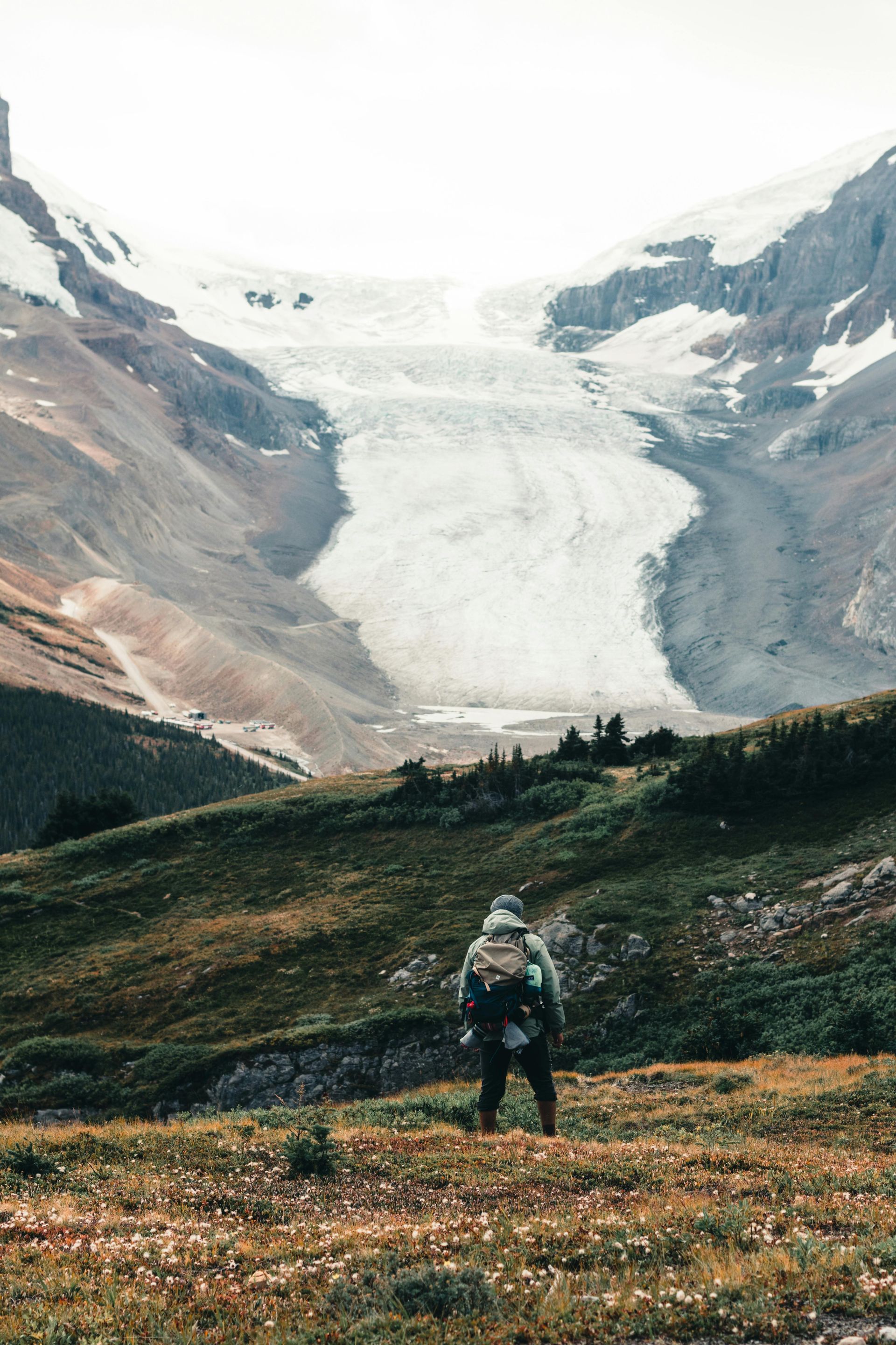 Hiker with backpack stands in a grassy field, glacier in the background. Sunny day, mountains in the distance.