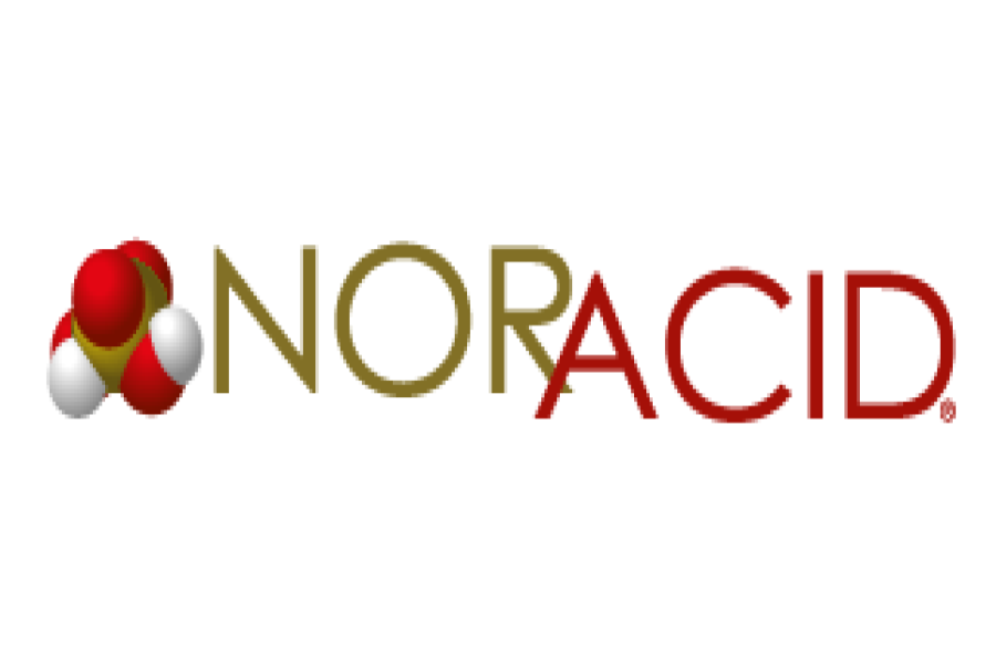 Logotipo de NORACID, que presenta una estructura molecular y texto.