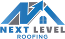 Logo for Next Level Roofing. Blue arrow over roof shape, gray accents, and company name.