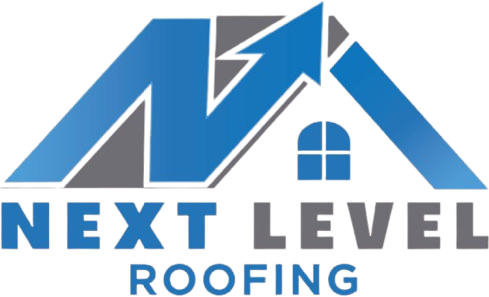 Logo for Next Level Roofing. Blue arrow over roof shape, gray accents, and company name.