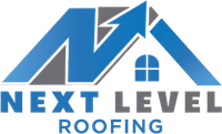 Logo for Next Level Roofing. Blue arrow over roof shape, gray accents, and company name.