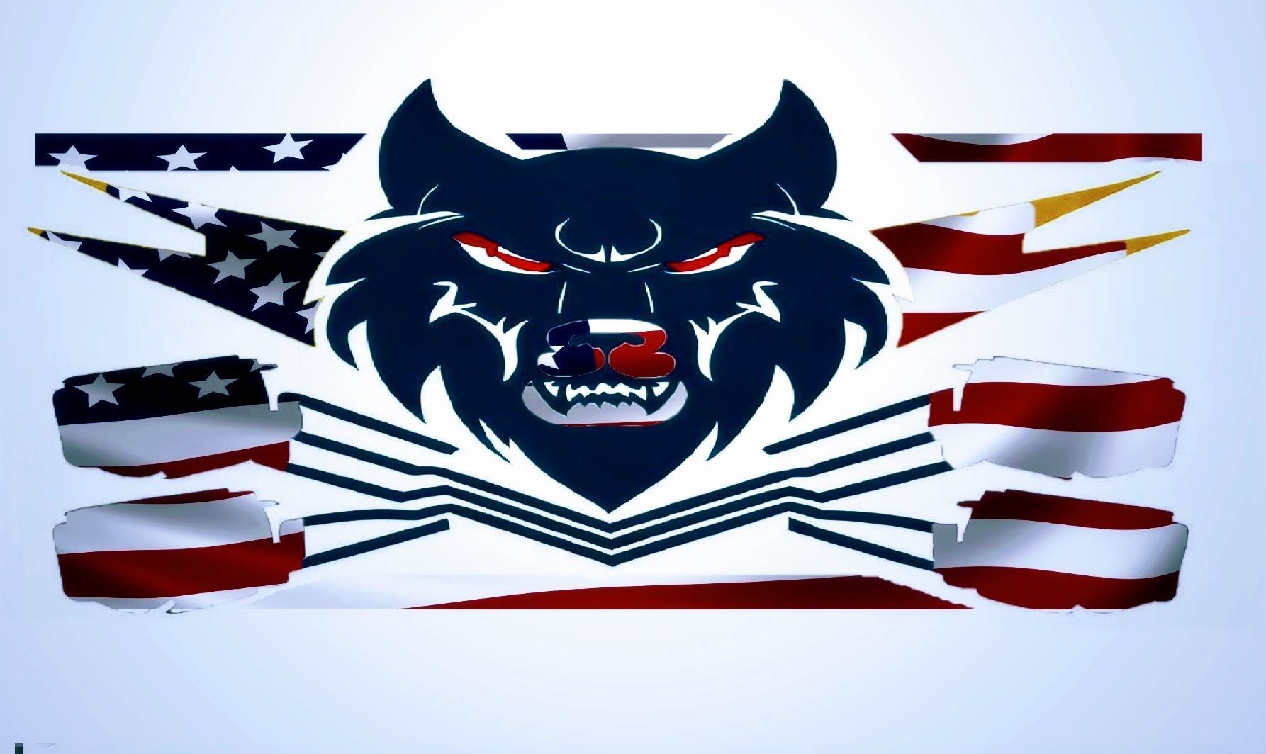 Wolf head logo with red eyes, American flag design background.
