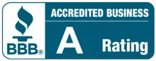 BBB Accredited Business logo with an A+ rating. Features a blue flame,