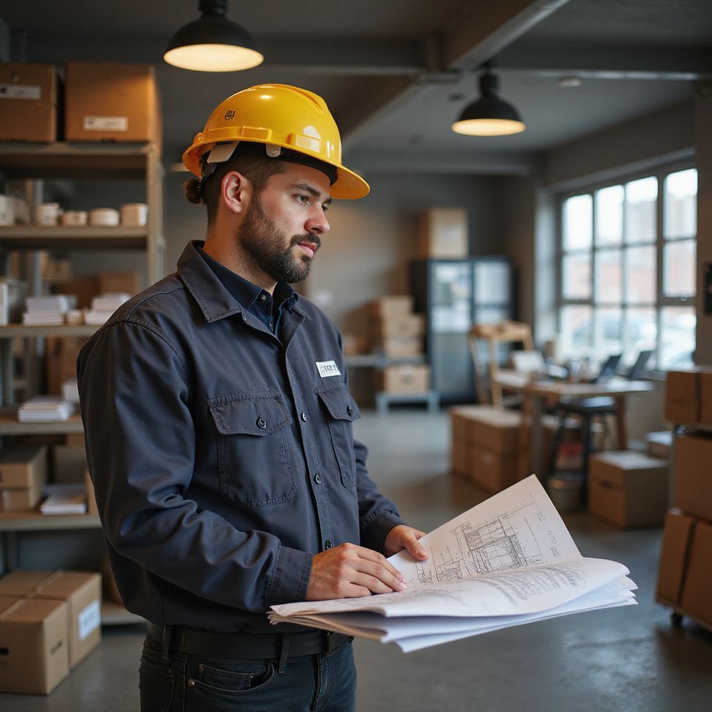 Man in yellow hard hat reviewing blueprints in a warehouse.