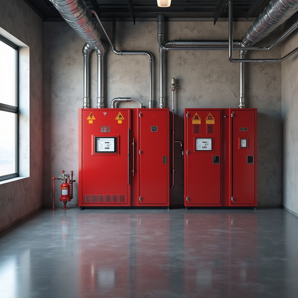 Red electrical cabinets with warning signs and a fire extinguisher in an industrial room.