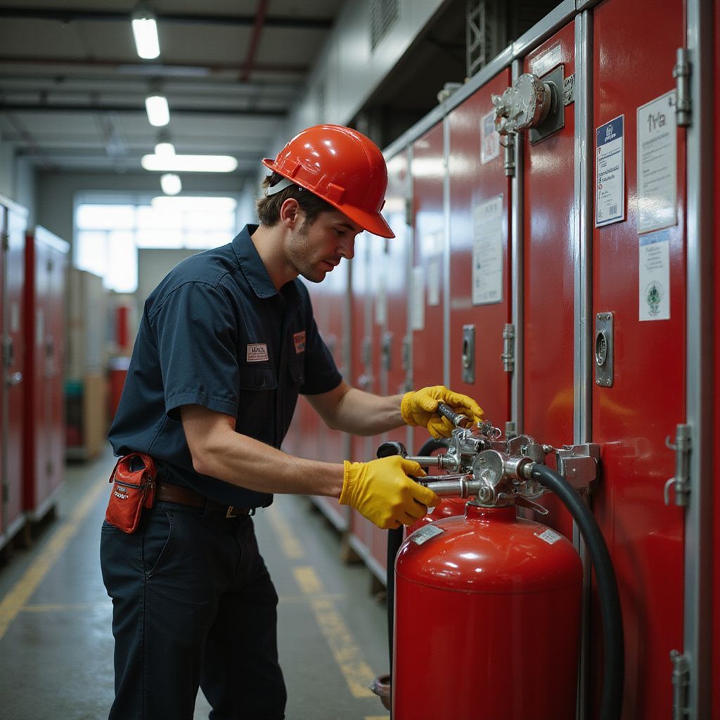Worker in a hard hat and gloves inspecting a red fire extinguisher in a hallway with red cabinets.