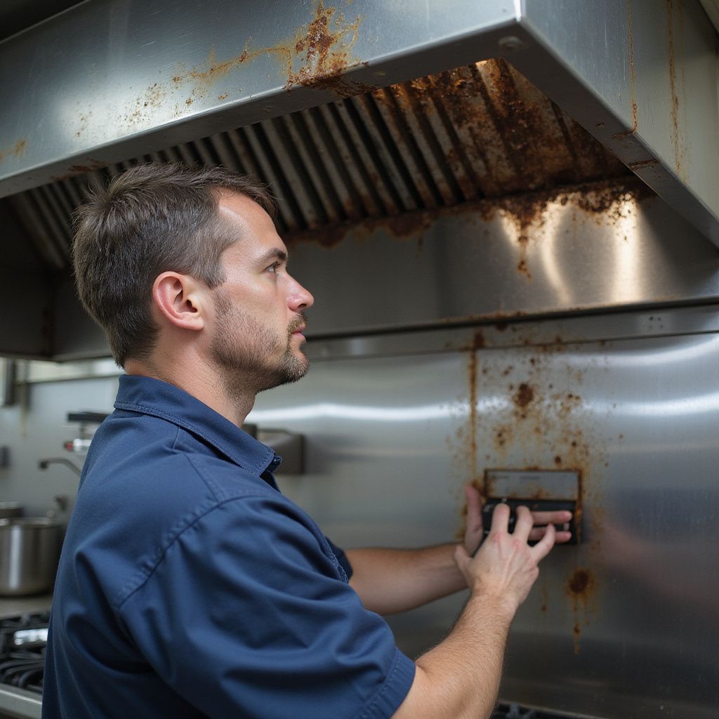 Man in blue shirt inspecting a rusty kitchen exhaust hood with a scrubber.