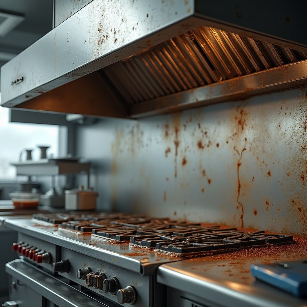 Commercial kitchen stovetop and range hood, splattered with food, with a window and equipment in the background.