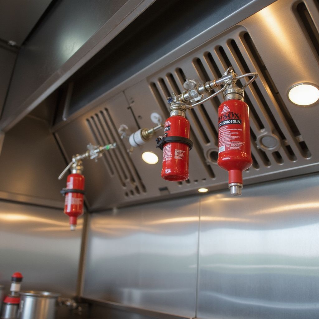 Fire suppression system in a commercial kitchen hood, stainless steel, with three red cylinders.