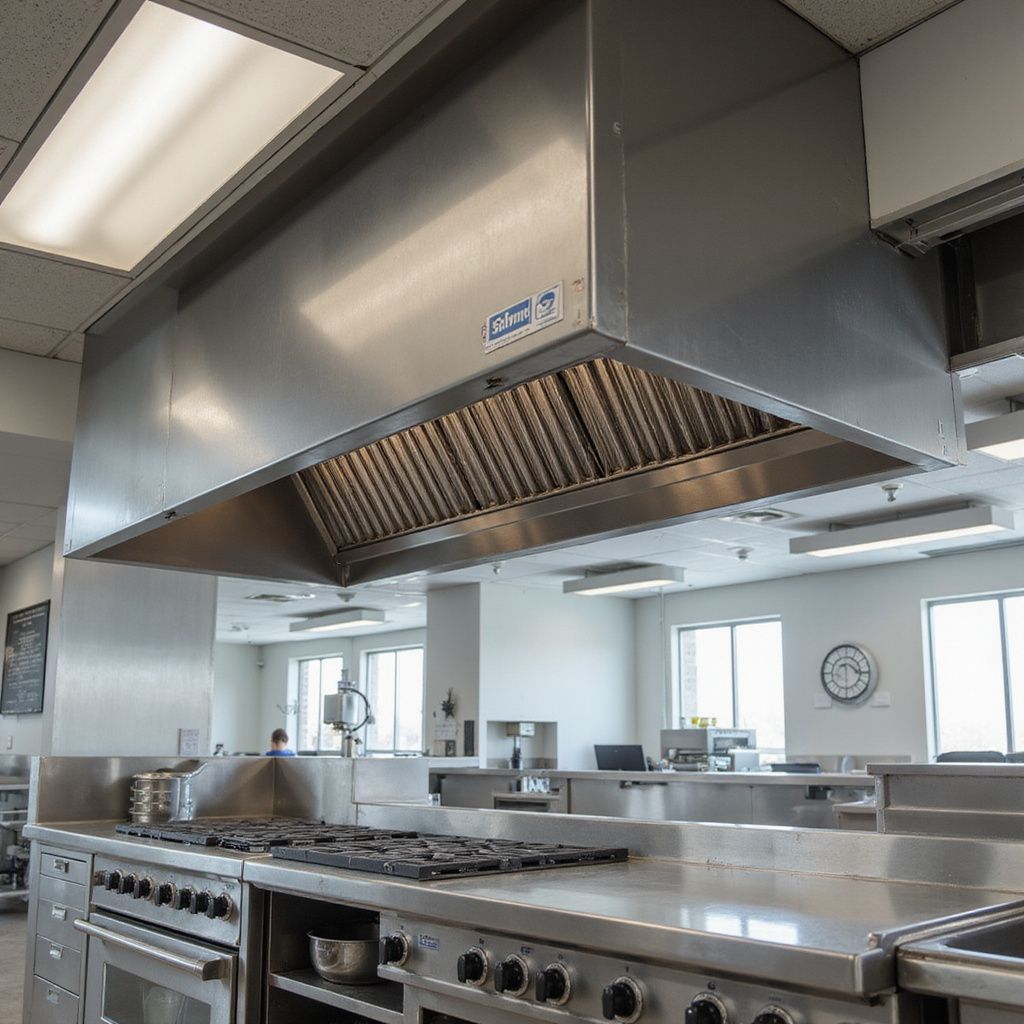 Stainless steel commercial kitchen range hood over a stove.