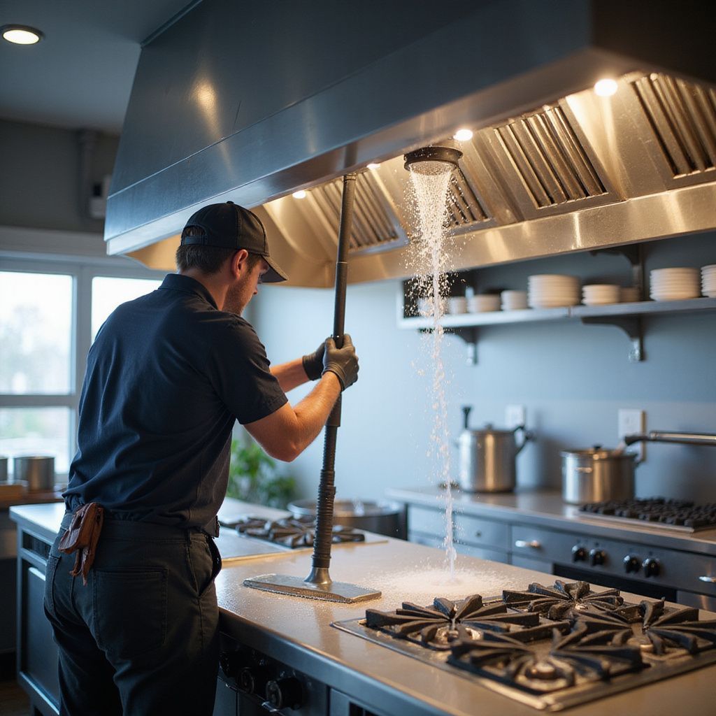 A person sprays a cleaning solution from a long-handled tool onto a commercial kitchen's cooktop.