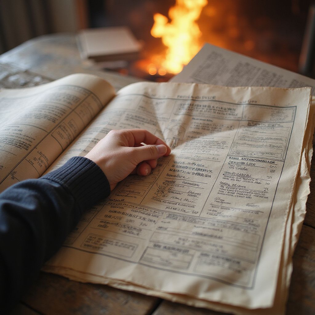 Hand turning the page of an aged ledger, with a fireplace burning in the background.