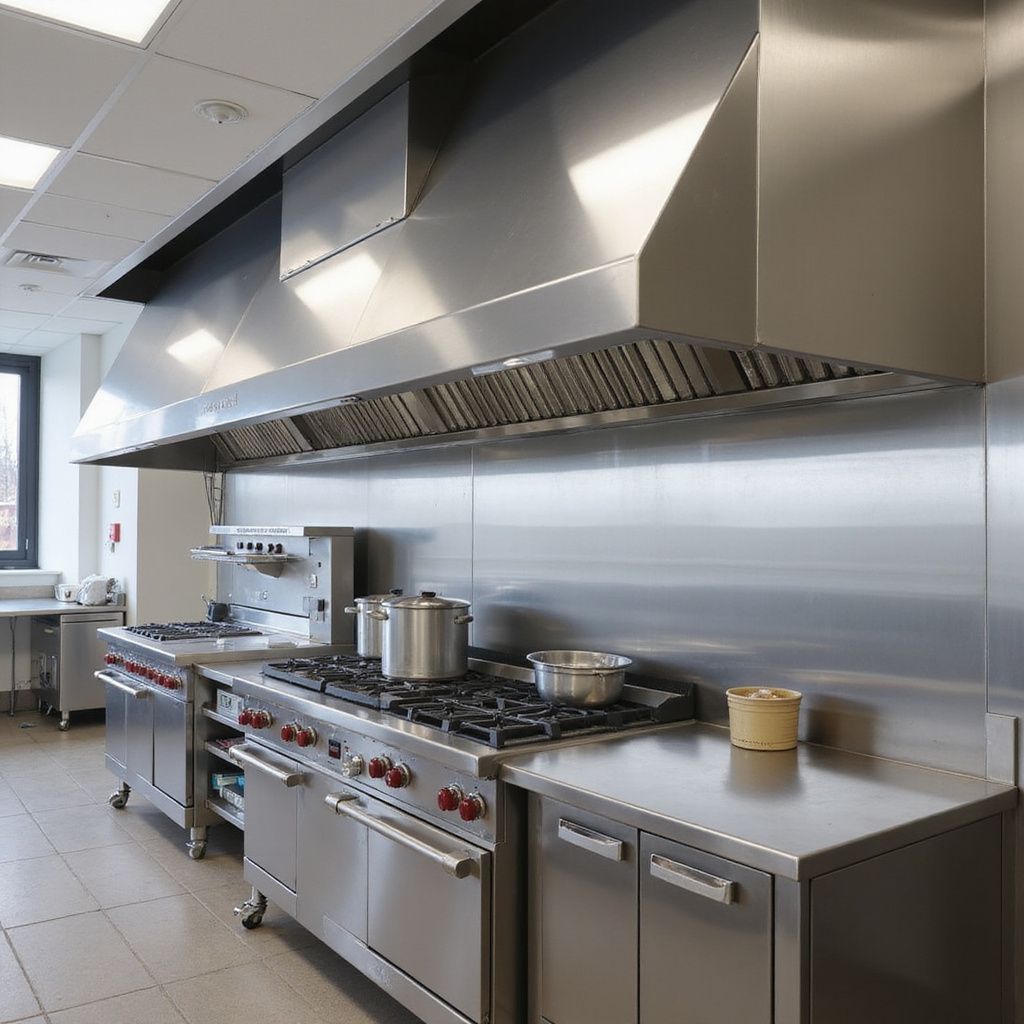 Commercial kitchen with stainless steel appliances, including a range, oven, and vent hood.