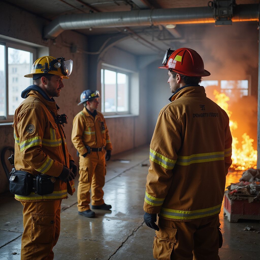 Three firefighters assess fire damage in a building; flames erupt from an opening.